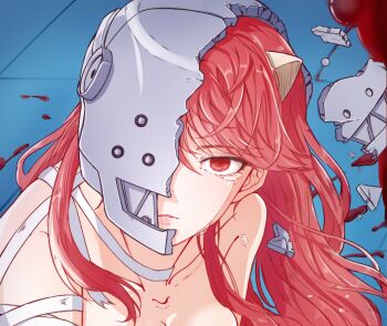 1girl bandages blood blood_on_ground breasts broken_helmet broken_mask cleavage clenched_hands commentary_request debris derivative_work elfen_lied expressionless helmet horns light_frown lilium815719 lips looking_at_viewer lucy_(elfen_lied) mask meme metal_mask naked_bandage nude parted_lips pool_of_blood red_eyes red_hair sailor_moon_redraw_challenge_(meme) screenshot_redraw solo tears tile_floor tiles