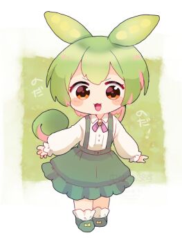 1girl :3 animal_ears blush_stickers brooch chibi collared_shirt commentary double-parted_bangs frilled_skirt frilled_socks frills full_body green_background green_footwear green_hair green_skirt jewelry long_hair long_sleeves looking_at_viewer low_ponytail medium_skirt multicolored_hair nakajima_lupus neck_ribbon ojou-sama_zundamon open_mouth orange_eyes outstretched_arms pink_hair ponytail puffy_long_sleeves puffy_sleeves ribbon shirt skirt smile socks solo spread_arms standing suspender_skirt suspenders translated two-tone_hair v-shaped_eyebrows voiceroid voicevox watermark white_background white_shirt white_socks zundamon