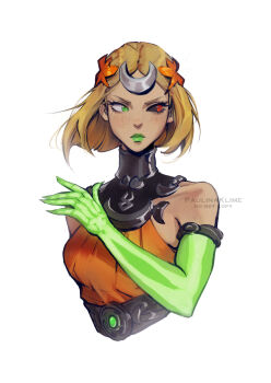 1girl ancient_greek_clothes asymmetrical_arms black_sclera bone colored_sclera dress glowing_arm greco-roman_clothes green_arm green_lips hades_(series) hades_2 laurel_crown melinoe_(hades) mismatched_sclera orange_dress paulina_klime see-through_body simple_background skeletal_arm solo