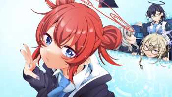 4girls absurdres ahoge blonde_hair blue_archive blue_background blue_eyes blue_hair blue_halo blue_jacket blue_necktie braid chihiro_(blue_archive) closed_eyes collared_shirt commentary_request double_bun glasses green_eyes grey_hair hair_bun halo hand_up hare_(blue_archive) highres hood hooded_jacket jacket kagayai_akira kotama_(blue_archive) maki_(blue_archive) multiple_girls necktie purple_halo red_hair red_halo revision semi-rimless_eyewear shirt short_hair side_braid under-rim_eyewear veritas_(blue_archive) white_shirt