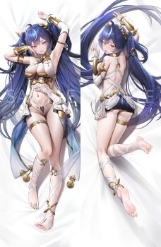 1girl absurdres ahoge ancient_greek_clothes armlet armpits arms_up ass back bare_shoulders barefoot black_skirt blue_eyes blue_hair blush breasts bridal_gauntlets cleavage closed_mouth commentary_request dakimakura_(medium) embarrassed feet flat_color full_body gluteal_fold greco-roman_clothes groin highres iuno_(wuthering_waves) jewelry kneepits large_breasts laurel_crown leg_focus leg_wrap long_hair looking_at_viewer merchandise_available miniskirt multicolored_hair multiple_views navel open_mouth ribbon sample_watermark single_bridal_gauntlet skirt smile soles stomach streaked_hair thighlet thighs toes vambraces very_long_hair watermark white_ribbon wuthering_waves zhenli-mari