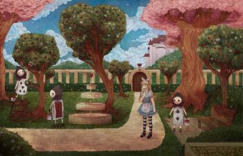 1girl :o alice_(alice_in_wonderland) alice's_adventures_in_wonderland apron bare_arms bench black_pantyhose black_shoes blonde_hair blue_bow blue_dress blue_eyes blue_hairband blue_sky bow bow_hairband bucket bush card_soldier castle clenched_hand cloud collared_shirt commentary day dress ekkoberry english_commentary expressionless eyelashes flower fountain full_body garden grass grey_shirt hairband hand_on_own_chest heart highres hill holding holding_bucket holding_paintbrush long_hair looking_ahead mary_janes on_stool outdoors paint_can paintbrush painting_(action) pantyhose parted_lips path pinafore_dress puffy_short_sleeves puffy_sleeves red_flower red_rose road rose scenery shirt shoes short_dress short_sleeves sky sleeveless sleeveless_dress standing striped_clothes striped_pantyhose tree two-tone_pantyhose waist_apron white_apron white_pantyhose wide_shot