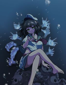 1girl anchor_symbol barefoot beckoning black_hair bubble collared_shirt crossed_legs disembodied_hand ghost_hands gradient_background green_eyes hansode32 hat highres midriff_peek murasa_minamitsu neckerchief pile_of_skulls red_neckerchief sailor_hat shirt short_hair short_sleeves shorts simple_background sitting skull solo touhou underwater white_hat white_shirt white_shorts