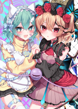 2girls absurdres alternate_costume alternate_headwear apron arm_belt ascot back_bow bandaid bandaid_on_face bandaid_on_thigh black_bow black_hat black_skirt blonde_hair blush bow brooch brown_dress commentary_request cowboy_shot crystal crystal_wings detached_sleeves dress eyeball flandre_scarlet flower green_eyes green_hair hair_flower hair_ornament hairband hat highres holding_hands interlocked_fingers jacket jersey_maid jewelry komeiji_koishi looking_at_viewer maid maid_apron medium_hair mob_cap multicolored_wings multiple_girls name_tag one_side_up open_mouth red_ascot red_eyes red_flower red_nails red_rose rori82li rose skirt smile thigh_strap thighhighs third_eye touhou unconventional_maid white_apron white_hairband white_thighhighs wing_hair_ornament wings yellow_jacket