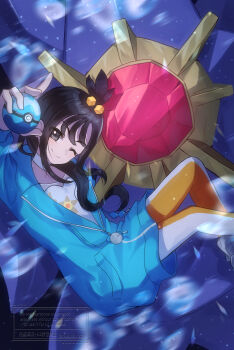 1girl absurdres black_eyes black_hair blue_jacket blurry character_print closed_mouth commentary_request cube_hair_ornament dive_ball eyelashes gem gen_1_pokemon hair_ornament highres holding holding_poke_ball jacket lida_(pokemon) long_hair long_sleeves mega_pokemon mega_starmie nintendo one_eye_closed poke_ball pokemon pokemon_(creature) pokemon_legends:_z-a red_gemstone shirt smile starmie staryu thealla1024 watermark white_shirt