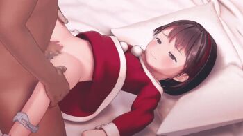 1boy 1girl 3d age_difference animated animated_gif assertive_female belt black_hair bob_cut censored christmas closed_eyes clothed_female_nude_male custom_udon dot_nose dress flat_chest functionally_nude fur-trimmed_dress fur_trim hairband hands_on_another's_legs happy_sex hetero leg_grab light_brown_eyes light_smile loli long_sleeves looping_animation lying missionary mosaic_censoring naughty_face nude on_back on_bed original panties panties_around_leg penis pillow pointing pussy red_dress red_hairband santa_costume sex short_hair size_difference smile solo_focus spread_legs top-down_bottom-up underwear vaginal white_panties