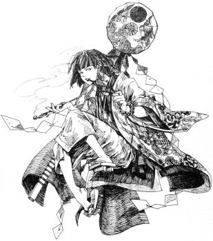 1girl ameishi ballpoint_pen_(medium) blunt_ends bob_cut bracelet commentary_request earrings floral_print floral_print_kimono full_body geta greyscale haori highres holding holding_removed_eyewear holding_smoking_pipe holding_umbrella invisible_chair japanese_clothes jewelry kimono long_sleeves monochrome mouth_hold oil-paper_umbrella original parted_lips pearl_bracelet pen_(medium) print_kimono sanpaku short_hair simple_background sitting smoking smoking_pipe solo traditional_media umbrella unworn_eyewear white_background wide_sleeves