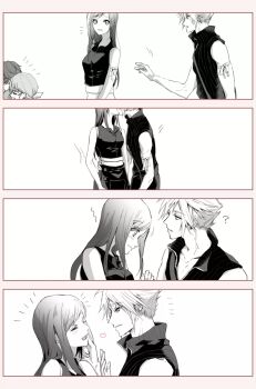 2boys 2girls ? apron arm_ribbon bare_shoulders black_vest blush breasts cloud_strife collarbone commentary_request couple denzel_(ff7) earrings embarrassed final_fantasy final_fantasy_vii final_fantasy_vii:_advent_children from_side hand_on_another's_cheek hand_on_another's_face hand_on_another's_hip heart hetero highres jewelry kiss kiss_day long_hair looking_at_another marlene_wallace medium_breasts midriff_peek motion_lines multiple_boys multiple_girls notice_lines profile ribbon ruka_ika sequential shirt short_hair sleeveless sleeveless_shirt sleeveless_turtleneck smile spiked_hair sweater tifa_lockhart turtleneck turtleneck_sweater upper_body vest waist_apron