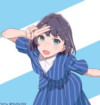 Rule 34 | 1girl, :d, aqua eyes, azabu mai, black hair, blue background, blue jacket, blue skirt, collared shirt, commentary, diagonal-striped background, hair intakes, highres, ikizulive! love live! bluebird, jacket, leaning forward, looking at viewer, love live!, open mouth, pinstripe jacket, pinstripe pattern, pinstripe skirt, salute, shirt, short-sleeved jacket, short hair, short sleeves, skirt, smile, solo, striped background, tanohito, two-finger salute, white shirt