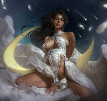 1girl aleriia_v backless_outfit bare_shoulders blue_eyes bottomless breasts cloud crescent crescent_facial_mark dark-skinned_female dark_background dark_skin earrings elf facial_mark feathered_wings forehead_mark gold_eyeshadow jewelry large_breasts long_hair no_panties original patreon_username pointy_ears revealing_clothes shooting_star sideboob signature single_earring sitting solo spread_legs tattoo thick_thighs thighs toned toned_female underboob white_nails wings