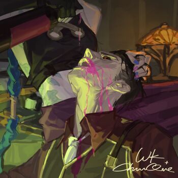 1boy 1girl alcohol arcane:_league_of_legends black_gloves black_hair blue_hair blue_nails bottle braid collared_shirt fingerless_gloves fingernails gloves highres holding holding_bottle indoors jinx_(league_of_legends) league_of_legends long_hair looking_at_another looking_up midriff nail_polish necktie open_mouth pants pink_nails profile red_pants red_shirt shirt short_hair silco_(arcane) sitting square tattoo teeth upper_teeth_only very_long_hair vest white_necktie wine wine_bottle yi_zheng_zhi_niao