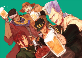 5boys beer_mug black_hair blue_eyes chain cherry chewing_gum cigarette closed_eyes cup dark-skinned_male dark_skin dog dutch_angle earrings foam food fruit gakuran green_eyes grey_hair hat headband iggy_(jojo) jean_pierre_polnareff jewelry jojo_no_kimyou_na_bouken joseph_joestar joseph_joestar_(old) kakyoin_noriaki kuujou_joutarou mohammed_avdol mug mugitarou multiple_boys necklace red_hair robe school_uniform simple_background smile tray
