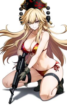 Rule 34 | 1girl, absurdres, adapted costume, assault rifle, bikini, blonde hair, breasts, cleavage, dalachi (headdress), eyes visible through hair, gloves, groin, gun, highres, holding, holding gun, holding weapon, junko (touhou), kikoka (mizuumi), large breasts, long hair, looking at viewer, navel, red eyes, rifle, shadow, shoes, simple background, solo, swimsuit, thigh strap, touhou, weapon, white background
