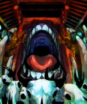 bone highres jujutsu_kaisen kuwoniagyu11112 open_mouth ryoumen_sukuna_(jujutsu_kaisen) shrine skeleton skull tagme tongue tongue_out