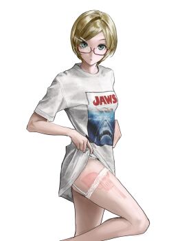 1girl absurdres animal_print art_program_in_frame bingi breasts brown_hair clothes_lift commentary english_commentary garter_straps glasses green_eyes gun_print hair_ornament hairclip highres imprinted_skin jaws_(movie) knee_up lifting_own_clothes looking_at_viewer movie_poster_(object) no_pants original parted_bangs print_shirt procreate_(medium) procreate_(software) red-framed_eyewear semi-rimless_eyewear shark shirt shirt_hold shirt_lift short_hair short_sleeves simple_background skin_tight small_breasts solo t-shirt thigh_strap under-rim_eyewear white_background white_shirt