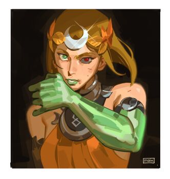 1girl absurdres ancient_greek_clothes asymmetrical_arms black_sclera blonde_hair bone colored_sclera crescent dress glowing_arm greco-roman_clothes green_eyes green_lips hades_(series) hades_2 heterochromia highres laurel_crown maik_check melinoe_(hades) mismatched_sclera orange_dress red_eyes see-through_body short_hair skeletal_arm solo