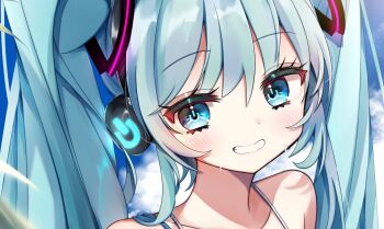 1girl bare_shoulders blue_eyes blue_hair blush collarbone commentary_request glowing hair_ornament hatsune_miku koyubisennti long_hair looking_at_viewer power_symbol power_symbol-shaped_pupils shirt sleeveless sleeveless_shirt solo symbol-shaped_pupils teeth twintails vocaloid