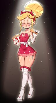 1girl absurdres black_background blonde_hair blush boots bow bucket chicken_(food) chicken_wing choker cleavage_cutout closed_eyes clothing_cutout collarbone disney dress eating facial_mark fake_horns flat_chest food gloves hair_bun heart heart_choker heart_facial_mark heart_on_cheek heart_print high_heels highres holding holding_bucket holding_food horns kfc light_particles loli panties pinky_out print_boots print_dress red_bow red_dress rukisan(pixiv) side-tie_panties sidelocks smile spotlight standing star_butterfly star_vs_the_forces_of_evil strapless strapless_dress thick_thighs thigh_boots thighs underwear white_boots white_bow white_gloves white_panties