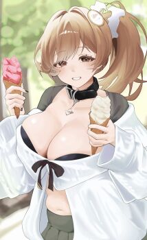 1girl absurdres belt_collar black_ribbon bready_(frosty_bite)_(nikke) bready_(nikke) breasts brown_eyes brown_hair chosmahe cleavage collar food goddess_of_victory:_nikke highres holding holding_food holding_ice_cream ice_cream jacket large_breasts looking_at_viewer navel official_alternate_costume official_alternate_hairstyle outdoors plump ponytail ribbon solo stomach tree white_jacket