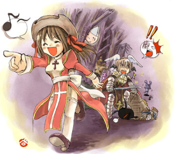 ! !! 1girl 2000s_(style) 2boys armor armored_boots back_bow black_tabard black_wings blonde_hair bloody_murderer boots bow breastplate brown_hair brown_hat cape closed_eyes commentary_request cross cross_print dress full_body garter_straps ghost gibbet gloom_(expression) hat head_wings heirozoist high_priest_(ragnarok_online) holding holding_sword holding_weapon juliet_sleeves long_hair long_sleeves lord_knight_(ragnarok_online) lowres lude_(ragnarok_online) multiple_boys musical_note open_mouth pauldrons pointing pointing_forward puffy_sleeves quve_(ragnarok_online) ragnarok_online red_cape red_dress sash short_hair shoulder_armor smile spiked_gauntlets spoken_musical_note stuffed_animal stuffed_rabbit stuffed_toy sword tabard thighhighs two-tone_dress weapon white_bow white_dress white_sash white_thighhighs white_wings wings yokou