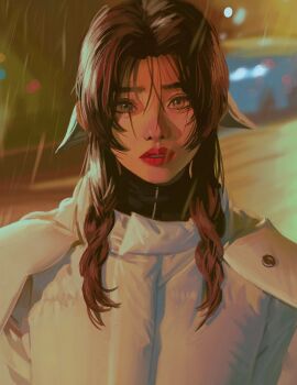 1girl aerith_gainsborough alternate_costume art_study brown_hair coat final_fantasy final_fantasy_vii green_eyes hair_between_eyes hair_ribbon highres jeseni long_hair looking_at_viewer parted_bangs parted_lips puffy_coat rain red_lips ribbon sidelocks solo white_coat