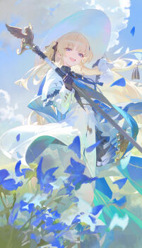 1girl absurdres black_gloves blonde_hair blue_petals blue_sash blue_sky commentary day gloves hand_up hat highres holding holding_staff long_hair long_sleeves looking_at_viewer modare open_mouth outdoors pantyhose petals phoebe_(wuthering_waves) sash shirt skirt sky smile solo staff white_hat white_pantyhose white_shirt white_skirt wind wuthering_waves