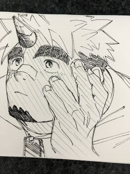 Rule 34 | 1boy, akiha gongen (housamo), bandaid, bandaid on face, bara, commentary request, facial hair, goatee, graphite (medium), hand on own cheek, hand on own face, highres, horns, huge eyebrows, looking up, male focus, nameko no misoshiru, photo (medium), portrait, sanpaku, scar, scar on face, single horn, solo, thick eyebrows, tokyo houkago summoners, traditional media
