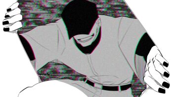 1boy arms_up baseball_cap baseball_jersey baseball_uniform belt belt_buckle birai_off buckle commentary covered_eyes greyscale grin hashtag-only_commentary hat jersey layered_sleeves long_sleeves male_focus monochrome nail_polish off_(game) pants shirt shirt_tucked_in short_over_long_sleeves short_sleeves smile solo sportswear static teeth the_batter_(off)