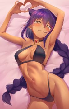 1girl absurdres armpits braid braided_ponytail breasts closed_mouth commentary_request dark-skinned_female dark_skin fang heart heart_hands highres jahy jahy-sama_wa_kujikenai! long_hair looking_at_viewer lying medium_breasts navel noshiro_tomoya on_back pointy_ears purple_hair revision smile solo very_long_hair yellow_eyes