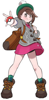 1girl backpack bag bike_shorts blush boots bright_pupils brown_bag brown_eyes brown_hair buttons cable_knit cardigan closed_mouth collared_dress commentary_request dress full_body gloria_(pokemon) green_hat green_socks grey_cardigan hat holding holding_poke_ball holding_strap hood hooded_cardigan kitasshi looking_at_viewer nintendo pink_dress plaid_clothes poke_ball poke_ball_(basic) pokemon pokemon_sword_and_shield short_hair shorts simple_background smile socks solo standing tam_o'_shanter white_background white_pupils