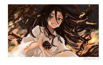 1boy autumn bishounen black_hair blush border falling_leaves floating_hair houjou_tokiyuki_(nige_jouzu_no_wakagimi) japanese_clothes kimono leaf long_hair looking_at_viewer male_focus nige_jouzu_no_wakagimi outdoors pinecone purple_eyes smile solo tacotaco_73 tree twitter_username white_border white_kimono wide_sleeves