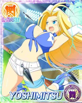 1girl antenna_hair blonde_hair blue_eyes blue_ribbon blue_skirt border breasts card_(medium) character_name cheerleader cleavage detached_sleeves electricity game_cg hair_intakes high_heels holding holding_pom_poms kunai large_breasts leg_ribbon long_hair looking_to_the_side midair navel official_art parted_bangs pom_pom_(cheerleading) pom_poms ribbon senran_kagura senran_kagura_new_wave shirt shorts shuriken_print skirt sleeveless sleeveless_shirt solo thigh_ribbon tied_shirt weapon white_shorts yoshimitsu_(senran_kagura)