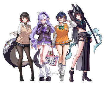 4girls absurdres ahoge alternate_costume animal_ears arm_up bag bandaid bandaid_on_leg belle_(zenless_zone_zero) black_hair black_nails black_pantyhose black_shirt black_shoes black_skirt blue_hair blush bow breasts candy collared_shirt colored_inner_hair commentary_request ellen_joe fins fish_tail food fox_ears fox_girl full_body green_bow green_eyes green_neckerchief heart-shaped_bag high_heels highres holding holding_bag holding_candy holding_food holding_lollipop hoshimi_miyabi itabag loafers lollipop long_hair long_sleeves looking_at_viewer multicolored_hair multiple_girls navel neckerchief open_mouth oshi-katsu pantyhose parted_lips pointy_ears purple_bow purple_hair red_eyes red_hair school_uniform shark_girl shark_tail shirt shoes short_hair simple_background skirt smile socks standing stomach streaked_hair tail tailless_(zenless_zone_zero) thigh_strap thighs v very_long_hair vivian_banshee white_background white_hair white_shirt white_shoes white_socks yuna_(deadawon) zenless_zone_zero