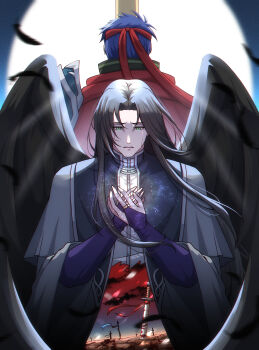 2boys absurdres black_hair black_wings blue_hair commentary_request feathers fire_emblem fire_emblem:_radiant_dawn green_eyes headband highres ike_(fire_emblem) ike_(vanguard_legend)_(fire_emblem) lehran_(fire_emblem) long_hair male_focus multiple_boys nintendo planted planted_sword planted_weapon red_headband short_hair sword tellius_forever weapon wings