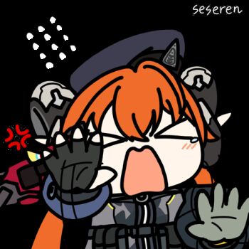 >_< 1girl anger_vein animated animated_gif artist_name asymmetrical_gloves beret biting biting_cheek chibi chinese_commentary commentary_request curled_horns flailing flying_sweatdrops gloves hat horns long_hair lowres magus_(zenless_zone_zero) mismatched_gloves orange_hair orphie_magnusson pointy_ears seseren simple_background sticker_(medium) transparent_background twintails zenless_zone_zero