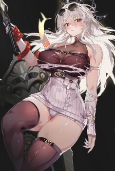 1girl absurdres alternate_breast_size_(larger) bare_shoulders black_background black_horns black_thighhighs breasts closed_mouth commentary_request curled_horns dress earrings eyewear_on_head greatsword grey_dress grey_hair grey_shorts hair_between_eyes highres holding holding_sword holding_weapon horns huge_breasts jewelry long_hair looking_at_viewer necktie necktie_around_wrists official_alternate_costume paid_reward_available red_eyes red_necktie short_shorts shorts solo sunglasses sweater sweater_dress sword thick_thighs thighhighs thighs torn_clothes torn_dress ura_illust very_long_hair weapon wuthering_waves zani_(downtown_repose)_(wuthering_waves) zani_(wuthering_waves)