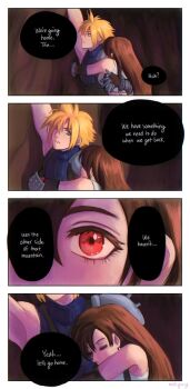 1boy 1girl arm_up armor artist_name bare_shoulders black_hair blonde_hair blue_eyes blue_sweater brown_hair carrying carrying_person close-up cloud_strife earrings english_text final_fantasy final_fantasy_vii gloves highres hug jewelry long_hair looking_at_another mixed-language_commentary mlkywy parted_lips red_eyes short_hair shoulder_armor single_bare_shoulder sleeveless sleeveless_turtleneck speech_bubble spiked_hair suspenders sweater tank_top tifa_lockhart turtleneck turtleneck_sweater upper_body white_tank_top