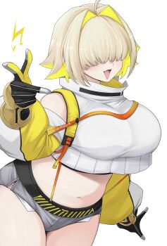 1girl absurdres breasts clothing_cutout commentary cropped_sweater denim denim_shorts elegg_(nikke) exposed_pocket fang gloves goddess_of_victory:_nikke grey_shorts hair_intakes hair_over_eyes highres large_breasts long_bangs mamenoki_sp multicolored_hair navel open_mouth plump short_shorts shorts shoulder_cutout simple_background smile solo sweater thighs two-sided_gloves two-tone_hair white_background
