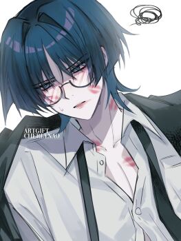 Rule 34 | 1boy, alternate costume, artist name, bespectacled, bishounen, black jacket, black necktie, blunt ends, blush, cherlynaoo, collared shirt, contemporary, embarrassed, formal clothes, genshin impact, glasses, grey eyes, grey hair, hair intakes, highres, jacket, jacket on shoulders, leaning to the side, lipstick, lipstick mark, lipstick mark on chest, lipstick mark on face, lipstick mark on neck, looking to the side, makeup, male focus, necktie, parted lips, partially unbuttoned, portrait, red lips, scaramouche (genshin impact), semi-rimless eyewear, shirt, smeared lipstick, solo, squiggle, sweatdrop, tsurime, undone necktie, white background, white mouth, white shirt, wispy bangs