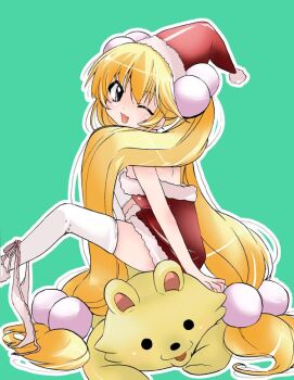 00s 1girl bad_id bad_pixiv_id blonde_hair christmas female_focus futabasha green_background hair_bobbles hair_ornament hat kodomo_no_jikan kokonoe_rin long_hair nakamura_sandayo one_eye_closed panties panties_around_leg santa_costume santa_hat simple_background solo sphere_hair_ornament stuffed_animal stuffed_toy teddy_bear thighhighs twintails underwear very_long_hair