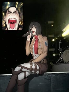 1boy 1girl black_hair blunt_ends breasts brown_jacket closed_eyes cropped_jacket crossed_legs derivative_work drum drum_set eren_yeager facial_mark fan_screaming_at_madison_beer_(meme) furrowed_brow hair_between_eyes highres holding holding_microphone instrument jacket medium_breasts meme microphone mikasa_ackerman military_jacket military_uniform music open_mouth panties red_scarf scarf shingeki_no_kyojin shirt shouting singing sitting survey_corps_(emblem) teeth twitter_username underwear white_panties white_shirt yorumudts