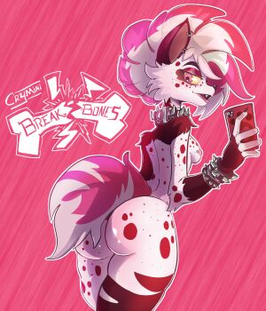 1girl absurdres animal_ears ass black_claws black_gloves black_thighhighs bracelet breasts cellphone choker collar colored_sclera commission crymini crymini_breakbones ear_piercing earrings full_body furry furry_female gloves hazbin_hotel hellaverse highres huge_ass hyena_ears hyena_girl hyena_tail jewelry looking_at_viewer multicolored_hair nipple_piercing non-web_source nude phone piercing pink_background pink_eyes pink_hair pink_tail punk red_cellphone red_stains short_hair short_tail simple_background small_breasts solo spiked_bracelet spiked_choker spiked_collar spiked_hair spikes standing tail thighhighs thighs two-tone_hair yellow_sclera