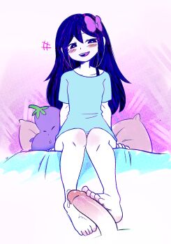 1boy 1girl absurdres aubrey_(headspace)_(omori) aubrey_(omori) bed bedroom blush blush_stickers bottomless bow clothed_on_nude clothed_sex cum cum_on_body cum_on_feet feet foot_focus footjob grin highres kodomo_doushi large_penis laughing loli looking_at_viewer looking_down miss_makima nightgown penis pov pov_crotch sitting smile stuffed_animal stuffed_eggplant stuffed_toy