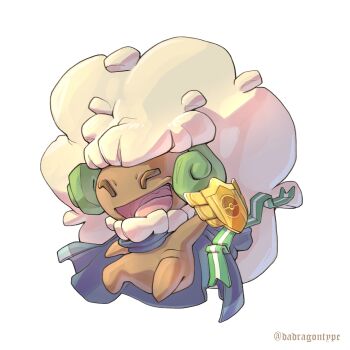 Rule 34 | absurdres, badge, blue cape, cape, closed eyes, dadragontype2, full body, gen 5 pokemon, highres, holding, holding badge, nintendo, no humans, open mouth, pokemon, pokemon (creature), pokemon focus, pokemon mystery dungeon, simple background, smile, solo, whimsicott, white background