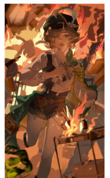1girl absurdres artist_request backlighting belt belt_pouch black_shorts black_vest book brown_belt brown_hair burning cape commission crying crying_with_eyes_open earrings fire foot_out_of_frame green_cape green_eyes green_hat hat hat_feather highres holding holding_notebook jewelry leg_up looking_at_viewer newsboy_cap notebook open_mouth pantyhose pouch recoleta_(reverse:1999) reverse:1999 running second-party_source shirt short_hair short_shorts shorts side_cape solo streaming_tears tears vest watermark watermark_grid white_pantyhose white_shirt