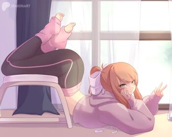 1girl bow brown_hair commentary doki_doki_literature_club drawstring english_commentary feet green_eyes hair_bow hair_ribbon highres hood hoodie indoors long_hair monika_(doki_doki_literature_club) ponytail raion_(raionart) ribbon solo toes v white_bow white_ribbon