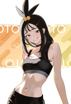 1girl absurdres armpit_crease artist_name black_choker black_pants black_sports_bra breasts choker cube_hair_ornament grey_eyes grin hair_ornament highres lida_(pokemon) navel nintendo otokakoto pants pokemon pokemon_legends:_z-a small_breasts smile solo sports_bra stomach topknot upper_body