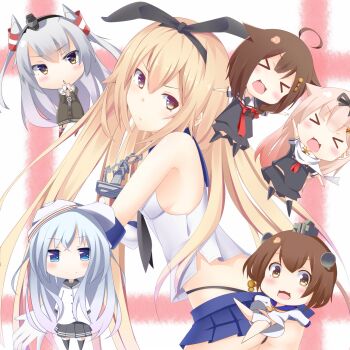 >_< 10s 6+girls :t ahoge amatsukaze_(kancolle) anchor black_panties blonde_hair blue_eyes bow bow_panties braid brown_hair chibi closed_eyes commentary dress fang flat_cap gloves hair_flaps hair_ornament hairband happy hat hibiki_(kancolle) highres kantai_collection long_hair looking_at_viewer multiple_girls neckerchief open_mouth panties pleated_skirt pout red_neckerchief remodel_(kantai_collection) sailor_collar sailor_dress school_uniform serafuku shigure_(kancolle) shimakaze_(kancolle) short_hair siamese silver_hair single_braid skirt smile socks striped_legwear thighhighs two_side_up underwear verniy_(kancolle) white_gloves white_panties yellow_eyes yukikaze_(kancolle) yuudachi_(kancolle)