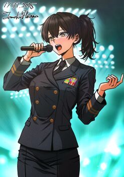 1girl alternate_costume artist_name black_necktie blush brown_eyes brown_hair buttons collared_shirt commentary_request cowboy_shot dated double-breasted grey_jacket grey_skirt highres hisama_tomoki holding holding_microphone jacket japan_maritime_self-defense_force japan_self-defense_force kaga_(kancolle) kantai_collection long_sleeves looking_to_the_side microphone military military_dress_uniform military_rank_insignia military_uniform music naval_dress_uniform naval_uniform necktie one-hour_drawing_challenge open_mouth ribbon_bar shirt short_hair short_side_ponytail singing skirt solo stage_lights white_shirt