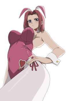 1girl absurdres animal_ears badge blue_eyes bow bowtie code_geass cowboy_shot detached_collar fake_animal_ears from_below hand_on_own_hip hashtag-only_commentary highres kouzuki_kallen lan_3736 leotard pantyhose pink_leotard playboy_bunny rabbit_ears rabbit_tail red_eyes short_hair side-tie_leotard simple_background solo strapless strapless_leotard tail white_background white_pantyhose wrist_cuffs